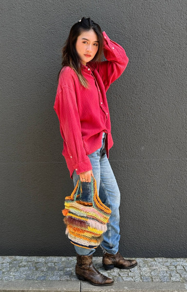 Button Front Shirt Crinkle Cotton washed red