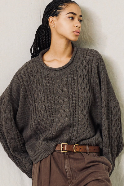 Aran Sweater Rolled Neck Medium Heather Brown