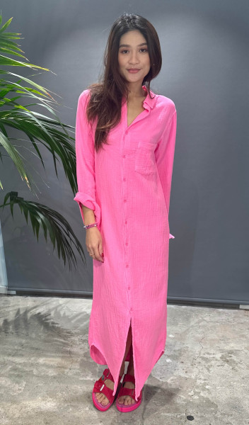 Button Front Shirt Dress Neon Pink